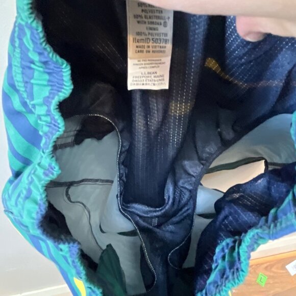 L.L. Bean Striped Swim Trunks S Green Yellow Recycled Polyester Elastic Waist - Picture 7 of 7